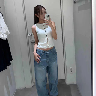Loose-fit Washed Button-up Wide Long Pants