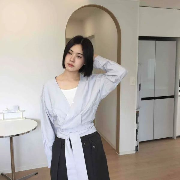 Loose Fit Plain Ribbon Button Wrap Long Sleeve Blouse