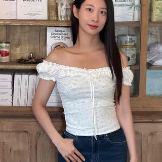 Fitted Flower Frill Shirring String Date Short Sleeve T-shirt