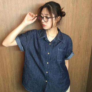 Loose-fit Plain Button-down Short-sleeve Shirt