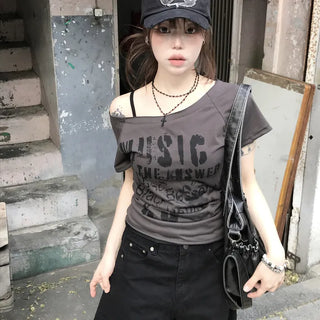 Rinko Y2K Vintage One-Shoulder Layered Short-Sleeve Tee