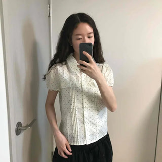 Regular Fit Dot Frill Pintuck Button-Down Short Sleeve Blouse