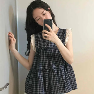 Loose-fit Check Button Shirred Tiered Sleeveless Blouse