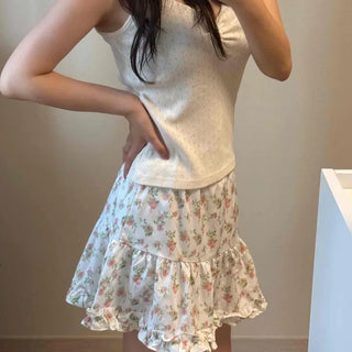 Frill Shirred Flower Tiered A-Line Mini Skirt
