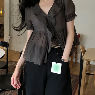 Raymond Women's Short Sleeve Elastic Waist Ruffle String Delicate Fit Frill V-Neck Date Look Blouse