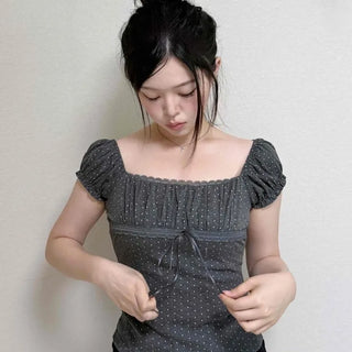 Shirred String Dot Fitted Cap Sleeve Blouse