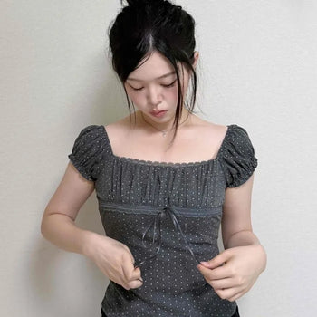 Shirred String Dot Fitted Cap Sleeve Blouse