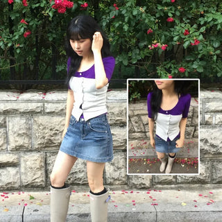 Low-rise mini denim skirt