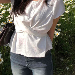 Shirred Button Loose Fit Plain Short Sleeve Blouse