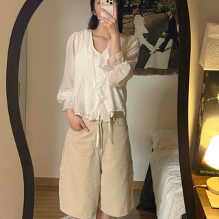 Loose-fit Plain Frill Pintuck Button Long Sleeve Blouse