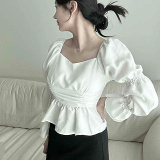 Shirred Frill Plain Long Sleeve Daily Blouse