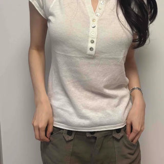 Button Plain Regular Fit Short Sleeve Daily T-shirt