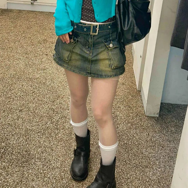 Washed Flap Pocket Button Daily Mini Skirt