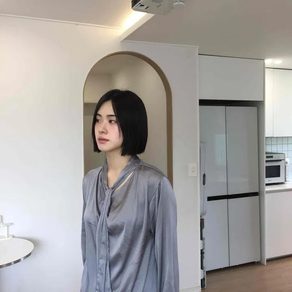 Loose Fit Plain Button Draped Long Sleeve Blouse