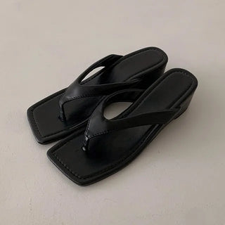 ◈6cm Square Wedge Mules Flip-flops Leopard Print Slippers Height-increasing Platform Sandals Summer Cushion Shoes