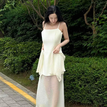 Strap See-through Layered Cutout Plain Sleeveless Long Dress