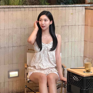 Shirred Frill Ribbon Flower Strap Sleeveless