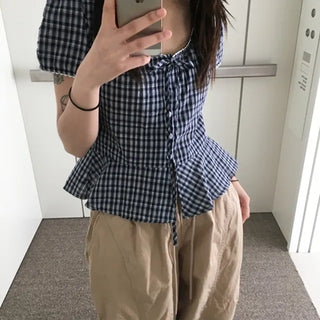 Open Frill Check Blouse