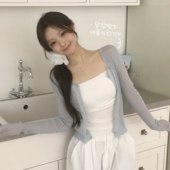 Delicate~ Hand-Covering Linen Salanta Item Summer See-through Ribbed U-Neck Delicate Fit Long Sleeve Cardigan