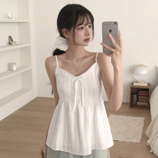 Lovely Mood, Lace Ribbon Strap Pintuck Smoked Flare Sleeveless White Blouse