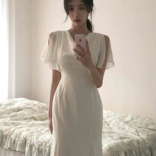 Backless Cut-out Fitted A-line Short Sleeve Long Dress