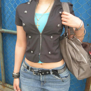 Slim-fit zipper button epaulette zip-up short-sleeve jacket