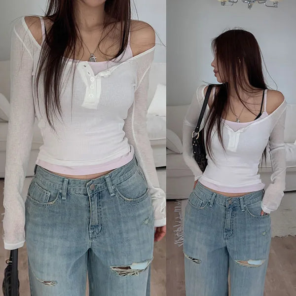 Pledi U-neck see-through T-shirt