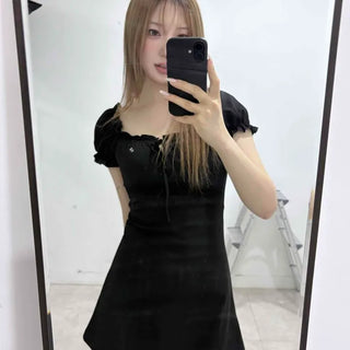 Frill Shirred Ribbon A-Line Cap Sleeve Mini Dress