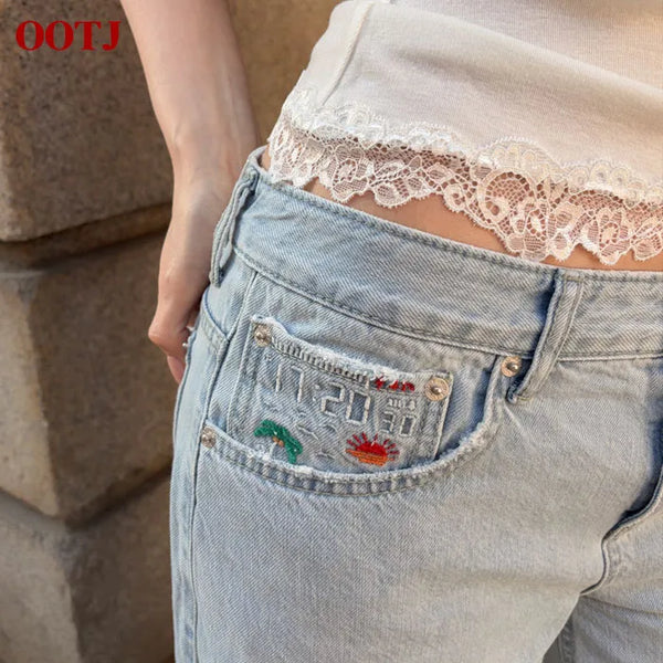 Coining embroidered denim wide pants
