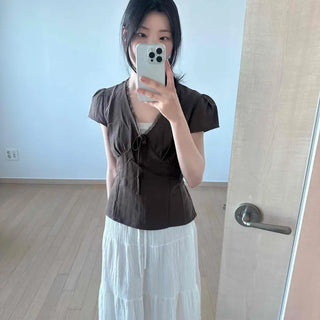 Ribbon Plain Regular Fit Short Sleeve Blouse