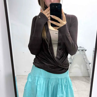 Shirred Wrap Plain Loose Fit Long Sleeve Cardigan