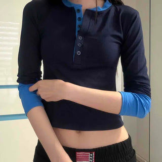 Slim Fit Plain Button Contrast Long Sleeve T-shirt