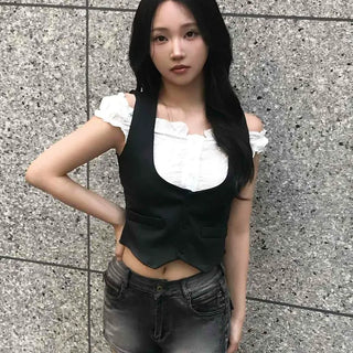 Fitted Plain Button Frill Flap Pocket Sleeveless
