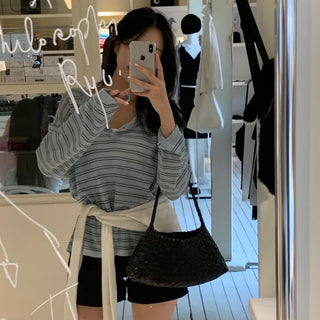 Watt Summer Striped See-through Henley Neck Loose Fit Knit