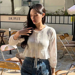 Frill Shirred Strap Relaxed Fit A-Line Long Sleeve Blouse