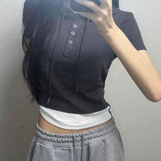 Button & String Layered Slim Fit Plain Short Sleeve T-shirt