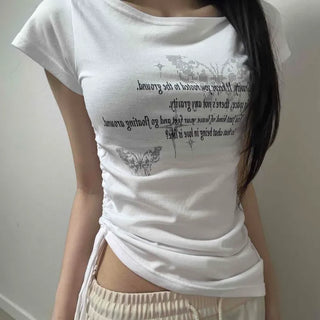Shirred String Lettering Graphic Daily Short Sleeve T-shirt