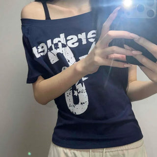 Off-shoulder Washed Loose Fit Lettering Raglan Sleeve Short T-shirt