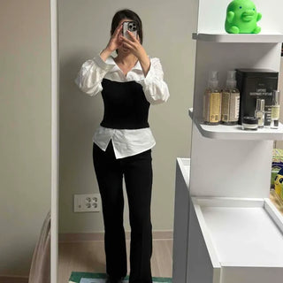 Shirred Button Plain Layered Loose Fit Long Sleeve Shirt