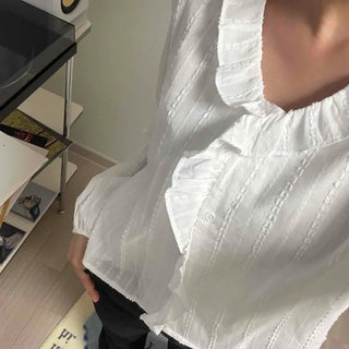 Frill Pintuck Stripe Button-Down Long Sleeve Blouse