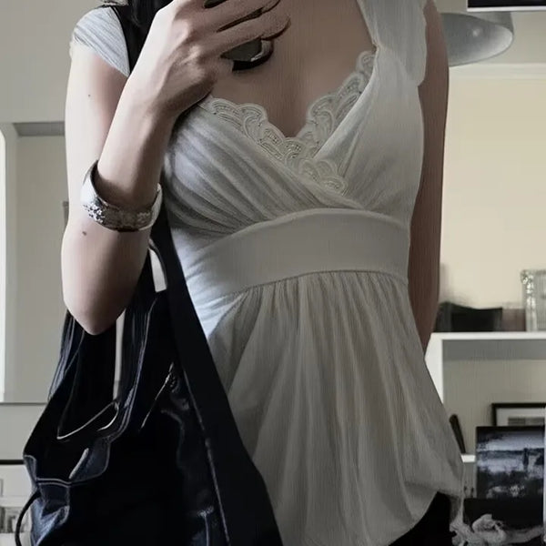 Lace Flare Shirred Long Sleeveless Top  / Delicate Fit Mori Girl Pinterest Look Y2K Summer Cap Sleeve Short Sleeve Layered T-shirt Daily Sleeveless