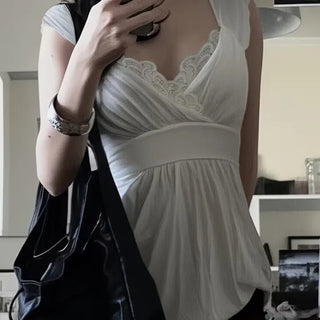 Lace Flare Shirred Long Sleeveless Top  / Delicate Fit Mori Girl Pinterest Look Y2K Summer Cap Sleeve Short Sleeve Layered T-shirt Daily Sleeveless