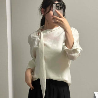 Ribbon Button Strap Loose Fit Long Sleeve Blouse