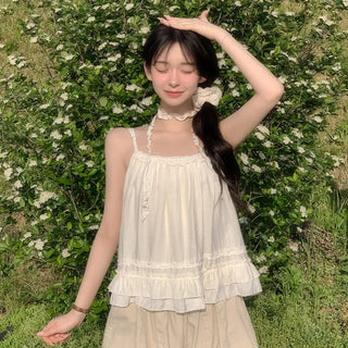 Tie Strap Frill Shirred Flare Sleeveless Blouse
