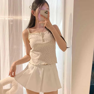 Strap Frill Button Slim Fit Dot Sleeveless