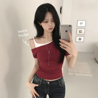 Effortless Chic, One-piece Sleeveless Layered One-Off Shoulder Delicate Slim Fit Short Sleeve T-shirt