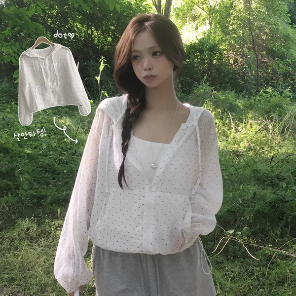 Cute Avant-garde Fit, Dot See-through Frill Hood Drawstring Avant-garde Loose Fit Windbreaker Summer Jumper