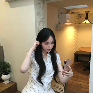 Relaxed Fit Dot Button Shirred Wrap Short Sleeve Blouse