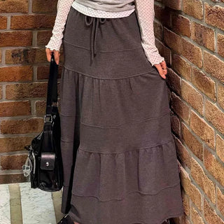 String Tiered Flare Loose Fit Daily Long Skirt