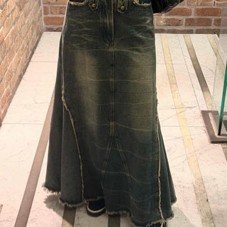 Washed Button Slit Flare A-Line Long Skirt